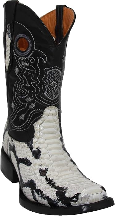 Men’s Exotic Snakeskin Genuine Leather Embossed Python Print Wide Square Toe Cowboy Western Boots - Natural