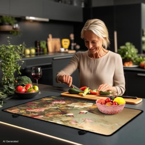 Image of Glass Ceramic Top Stove Cover for Electric Stove Anti-Scratch Cooktop Cover Flat Stove Top Mat Kitchen Decor Accessories, 29 x 21 Inch, Hummingbird Floral