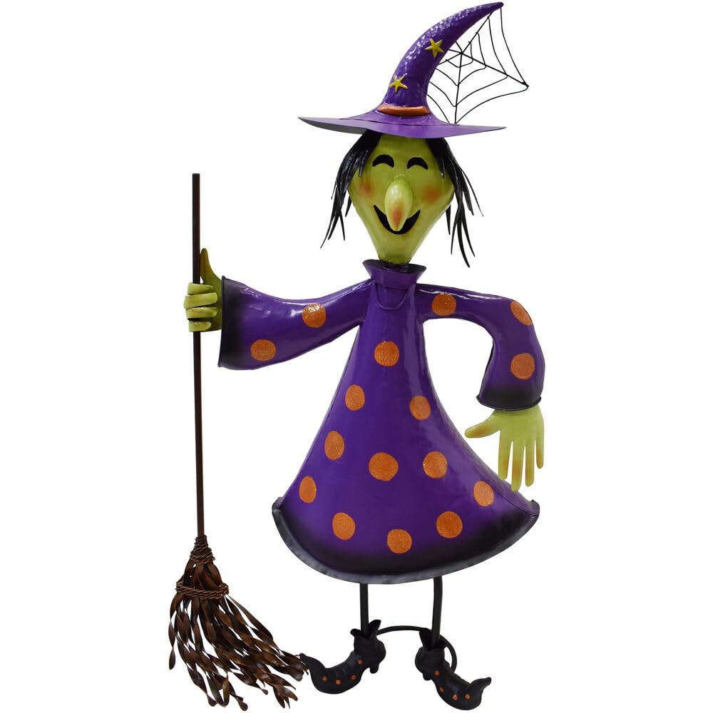 Haunted Hill Farm 31-in. Hand-Painted Purple and Orange Iron Polka-Dot Witch Figurine with Removable Yard Stake for Festive Indoor or Outdoor Halloween Decoration on Lawn, Garden, and Porch