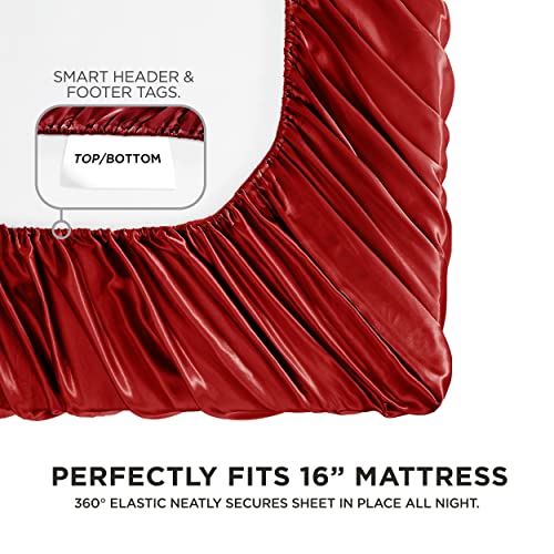 Juicy Couture King Size Silk Satin Bed Sheet Set, Deep Pocket Silky Satin King Sheet Set With 1 Fitted Sheet, 1 Flat Sheet And 2 Pillow Case, Wrinkle Resistant And Anti Pilling - Red #TOP2