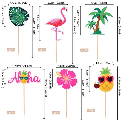 36 Pcs Tropical Aloha Luau Cupcake Toppers Palm Tree Flower Turtle Leaves Flamingo Pineapple Cupcake Picks Summer Hawaiian Tropical Luau Aloha Theme Birthday Party Cake Decorations Supplies #TOP1