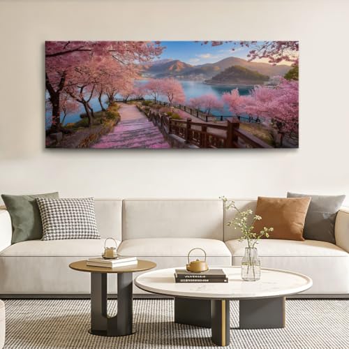 Image of Canvas Wall Art Framed 100 x 70 cm Multicolor Japanese Style Nature Artwork Decorative Painting for Bedroom, Living Room, Hallway or Office, Mountains Trees Floral - Wall Prints with Hooks and Nails
