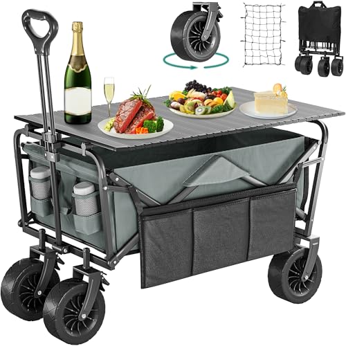 YITAHOME Folding Wagon w/Table Plate, Large Capacity Collapsible Wagon Cart, Adjustable Handle Height Foldable Utility Garden Cart, Outdoor Beach Wagon for Camping, Shopping, Sports, Garden - Grey