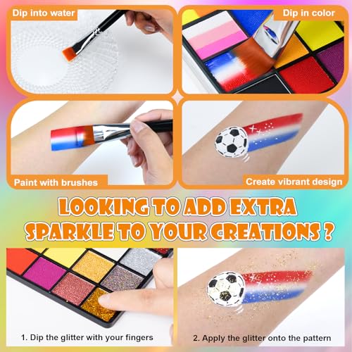 Face Painting Kit for Kids - 40 Color Pro Facepaint Palette Non-Toxic Water Activated, Complete Kit with Brush, Stencil, Sponge, for Birthday Parties, Carnival, Costume Makeup, Festivals & Events