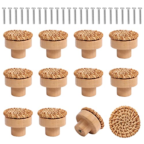 SAVITA 12pcs Wood Drawer Knobs, Round Wooden Dresser Knobs Boho Rattan Drawer Pulls with 24pcs Screws for Dresser Cabinets Boho Wood Furniture (3cm/1.2inch)