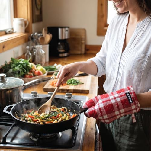 Image of Encasa XO Heat Resistant 100% Cotton Oven Glove & Potholder Set with Loop, Kitchen Cooking Mittens, Microwave Safe Hot Pads (Franca Red Checks)