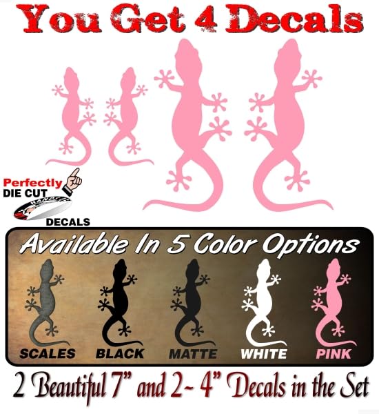 Image of 4 Gecko Climbing Vinyl 4 inch and 7 inch Decal Set Reptile Lizard Cute Car Decals Pet Terrarium Accessories Stickers (4 Solid Pink Decal Set)