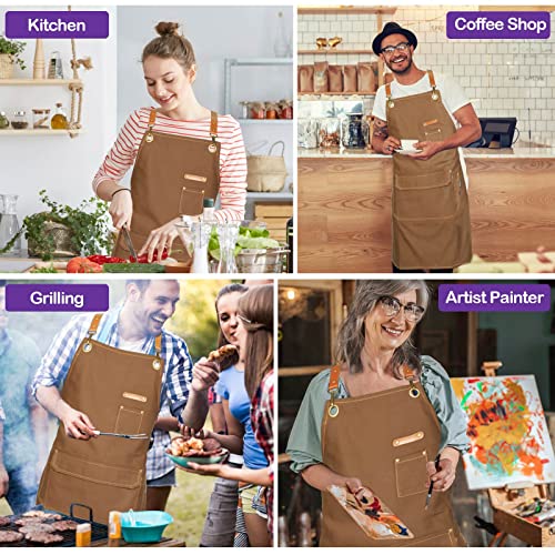 Chef Apron For Men Women With Gift Box Pack, Cross Back Apron With Pockets For Kitchen Cooking Baking Artist Painting, Cotton Canvas Work Aprons For Shop, Garden, Restaurant, Cafe (Brown, M To Xxl) #TOP5