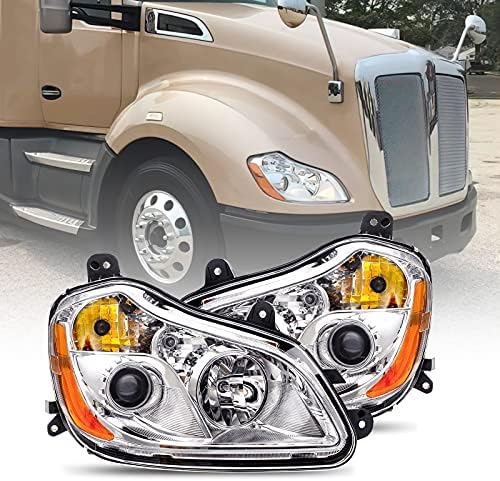 GUO SHI Headlights Pair Set Fits 2013-2022 Kenworth T680, Headlamps Replacement Projector with Bulbs in, Left Driver Side & Right Passenger Side