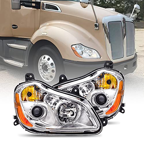 Headlights Pair Set Fits 2013-2021 Kenworth T680, Headlamps Replacement Projector with Bulbs in, Left Driver Side & Right Passenger Side