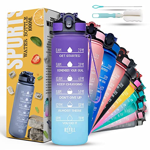 Active 100 1L Water Bottle with Straw, Motivational Time Marking, Purple Gradient, 1000 ml