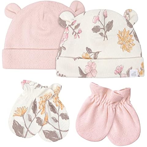 Just Born Unisex Baby 4-Piece Caps & Mittens Set, Dusty Pink and Floral, 0-6 Months Cover