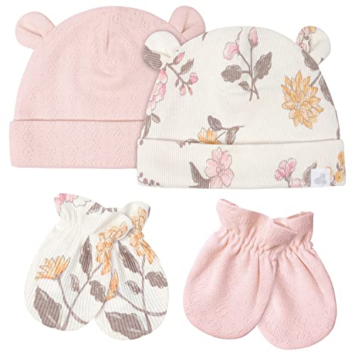 Image of Just Born baby-girls 4-piece Caps & Mittens Set