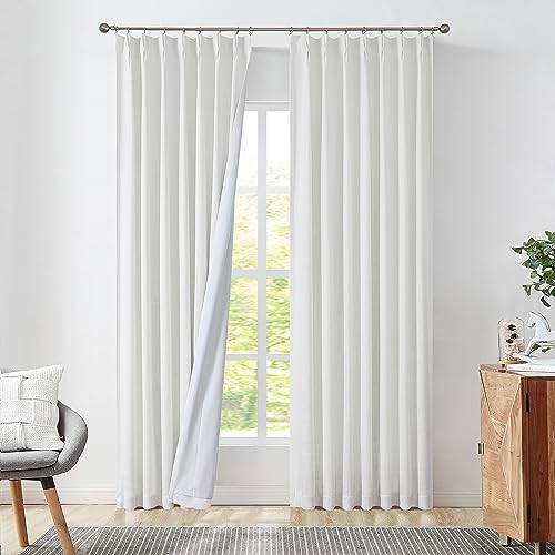 Pinch Pleat Full Blackout Curtain Panel Linen Texture Thermal Insulated Drapery with Gray Full Blackout Liner for Farmhouse Living Room Bedroom Window Treatment Sets with Hooks, White, 40″x108″x2