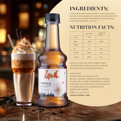 Image of Zone Vanilla flavoured Syrup 300ml - Classic Vanilla Flavoured Syrup for Coffees, Lattes, Milkshakes, Iced Coffees, Mocktails, Smoothies & Desserts | Premium Cafe-Style Mixer 300ml - Perfect for Home Use, Small Cafes & Gifting