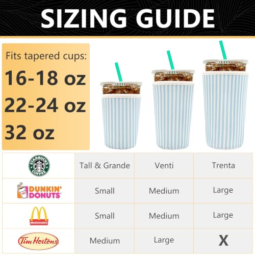 Image of YR Reusable Neoprene Insulator Sleeve for Iced Coffee Cups, 3 Pack Coffee Coolies sleeves for Iced & Hot Drinks, Cold Beverage Cooler Compatible with Starbucks Coffee and More (Green Stripes)