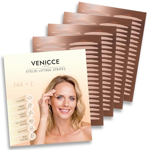 Venicce Love Tiras invisibles para párpados sin cirugía, bandas naturales para ojos radiantes, tiras de párpados – delicado con la piel y eficaz contra los párpados caídos, (L) 144 unidades