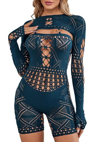 Mameluco sexy para fiestas de noche y mono de malla transparente con mangas largas