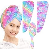 Beinou Mikrofaser Handtuch Haare, 2 Stück Turban Handtuch mit Knopf Haarturban Schnelltrocknend mit Knopf-Entwirrungsbürste für Kinder, Mädchen, Frauen, Dickes, Lockiges Haar