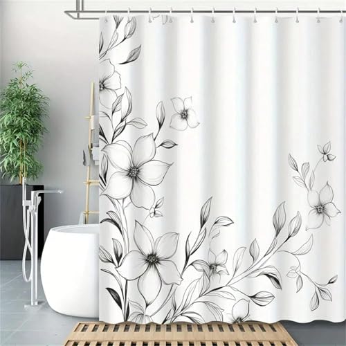 Rideau de douche à fleurs noir et blanc, moderne en polyester lavable de 150 x 180 cm - 2