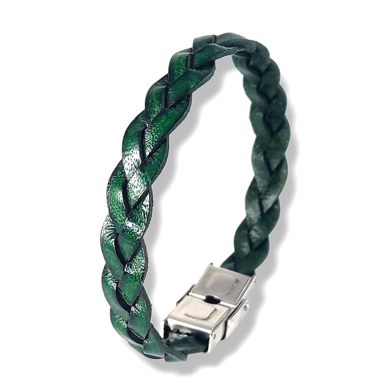 LuZ ITALY Pulsera de cuero para hombre - Verde Militar - 3 tamaños a elegir - pulsera de cuero - cierre de acero