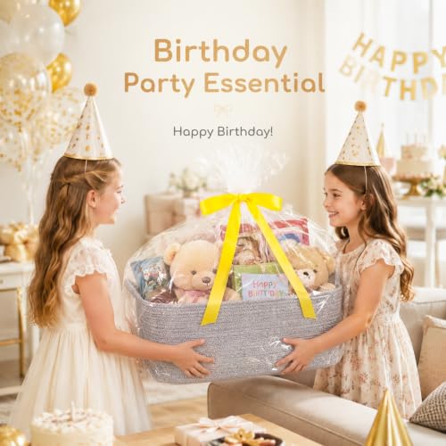 Image of OIASKET Large Empty Cotton Rope Gift Basket with Handles, 16.5 inchx12.6 inchx7 inch Decorative Woven Storage Basket with Gift Bag and Ribbon Set for Baby Shower, Toy Organizer for Kids, Dogs & Cats - Grey