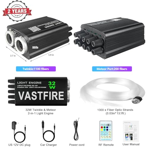 Image of VASTFIRE Starlight Headliner Kit 1300 Piece 0.03in*13.1ft 32W Twinkle & Meteor Dual-Engine 200 Shooting Stars RGBW Fiber Optic Lights Music Sync, DIY Interior Roof Ceiling for SUV /Truck /Jeep