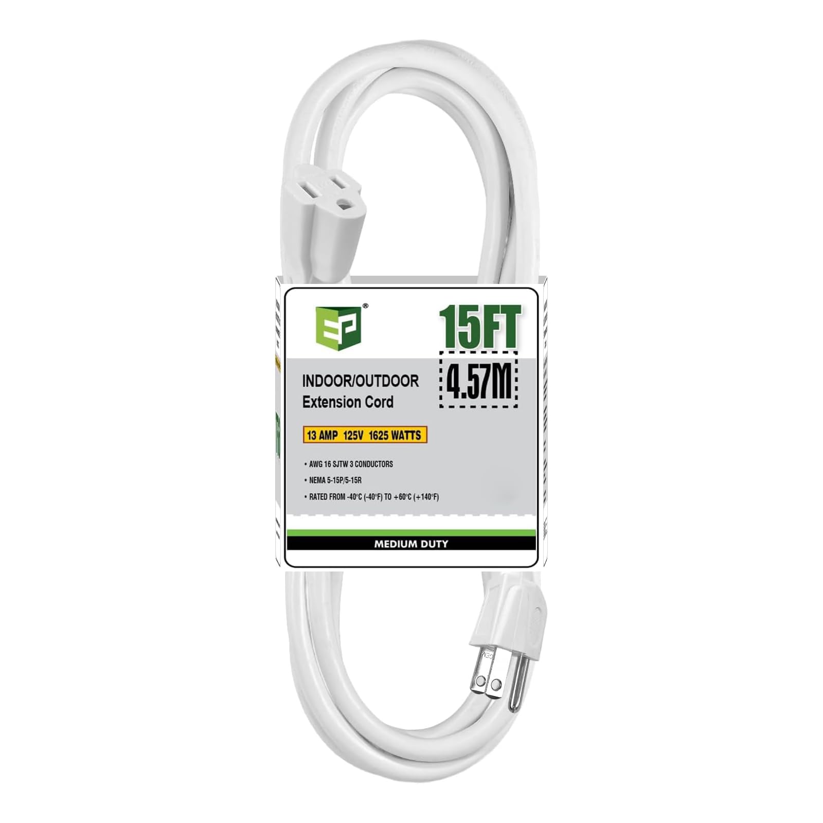 EP 15 FT Outdoor Extension Cord, 16/3 SJTW Heavy Duty White, ETL Listed