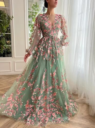 Yuxin Puffy Sleeve Flower Prom Dresses for Women 2025 Long Embroidered Tulle Lace Formal Evening Party Gowns with Pocket 8694