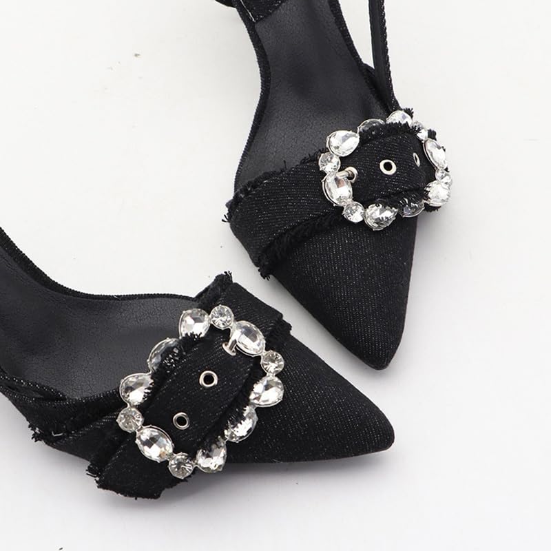 Women's Rhinestones Pointed Toe Denim Kitten Heels Fashion Slip On Slingback Low Heel Dress Mule Pumps for Wedding Party Evening Shoes4