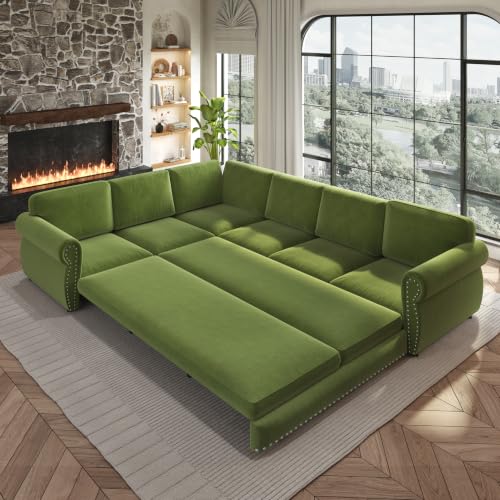 Image of KEIKI 118 inch Chesterfield Sleeper Sofa, Chenille Sectional Couch, Grass Green | L Shaped, Pull Out Bed Design, Nailhead Trim Detail, Rolled Armrest, 6 Seat Seating, Living Room Guest Room Use