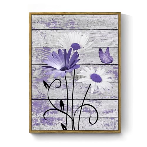 HVEST Farmhouse Purple Floral Framed Wall Art for Living Room, Daisy Butterfly on Rustic Wood Wall Art Nature Plant Flower Pictures for Bathroom Bedroom Office Apartment Decor, 17L X 12W inches