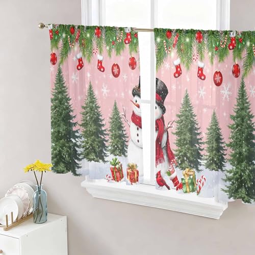 Hokiten Pink Christmas Sheer Curtains 54 Inch Length 2 Panels