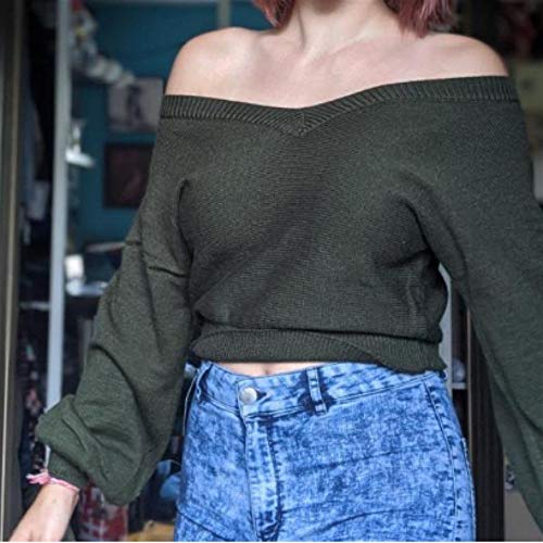 Zaful Women's Raglan Long Sleeve Double Side V Neck Short Sweater Casual Solid Cropped Knit Top Pullovers Deep Green #TOP1