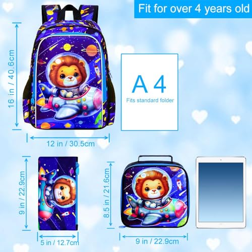 Image of UFNDC 3PCS Boys Lion Bookbag, Kids Space Backpack with Lunch Box, Water Resistant Rocket School Bag for Elementary Preschool Toddler