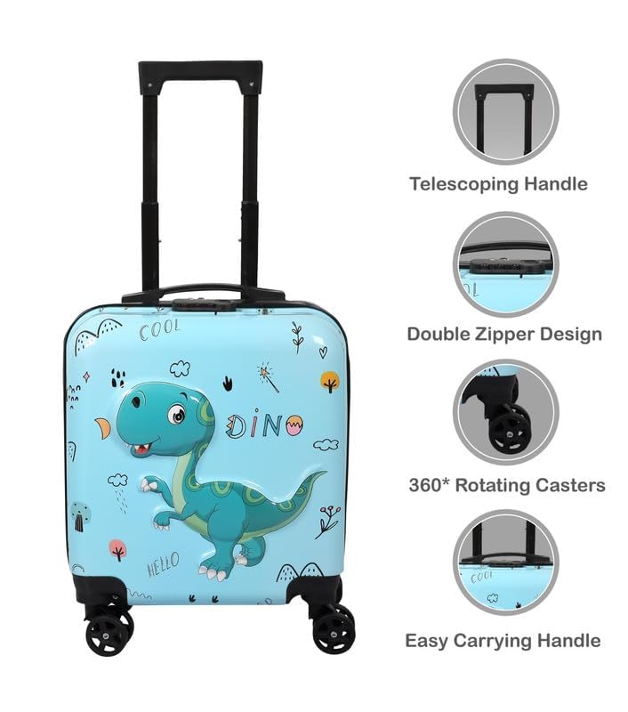 Image of Kids Carry On Luggage with Wheels,18-inch Hard Shell Suitcase Lightweight Toddler Rolling Trolly with Retractable Handle,Durable Hardside Spinner Trolly for Airplane Travel (Blue Dino)