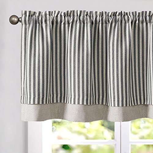 Vangao Kitchen Valance Linen Stripe Short Curtain Farmhouse Rustic Pinstripe Tickingstripe Double Layer Blackout Rod Pocket Window Topper Treatment 18 Inch 1 Panel Black on Beige -  VGDYMSTRP009-5018C08