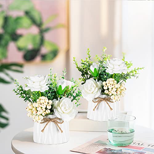 BLOSMON Artificial Flowers and Vase Decoration Fake Flower in Vases 2PCS White Plastic Rose Arrangement Table Floral Centrepieces Ornament Plant Bouquet for Wedding Room Window Garden Party Display - Image 3