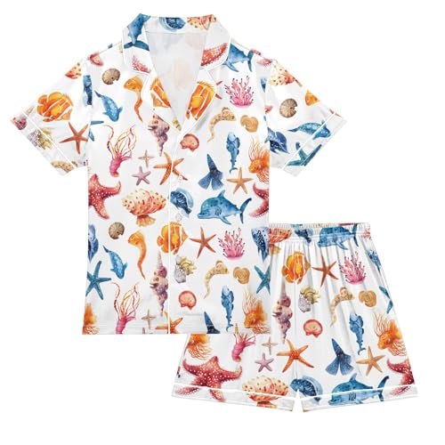 ALAZA Blue Starfish Fish Coral Reef Satin Pajamas Set Short Sleeve Button Down Sleepwear Summer Pjs 2 Piece