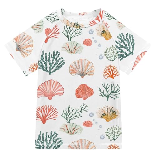 Cute Scallop White Girls Bathing Suit Sun Protection Rash Guard Swimsuit Swimwears Kids Sweatshirt for Big Boy 11-12Y