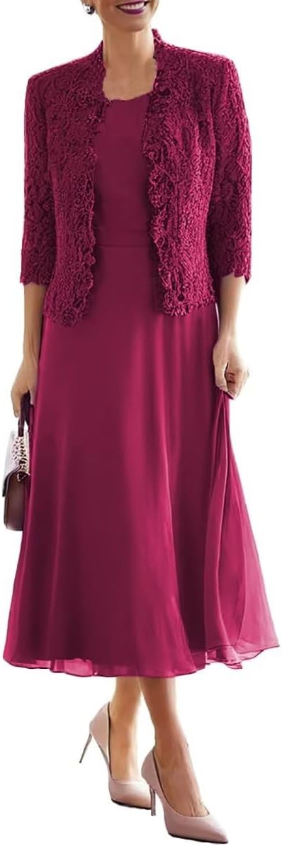 Tea Length Mother of The Bride Dresses for Wedding with 3/4 Sleeves Chiffon Formal Evening Dresses with Jacket