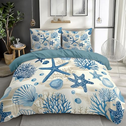 Parure de Lit Réversible avec Motif à Étoile de mer corail bleu aquarelle Housse de Couette 220 x 240 cm 2 Personnes et 2 x Taies d'oreiller 65x65 cm Adulte Enfant...