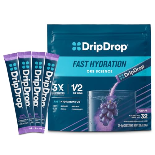 DripDrop Hydration Packets - Grape - Single Serve Electrolytes Powder Drink Mix - Non-GMO Gluten Free Vegan - 32 Sticks