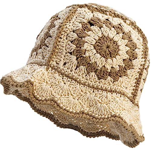 Image of XYIYI Beige Women Crochet Bucket Hat Knit Handmade Foldable Beach Hat Cute Hand Woven Fishing Hat