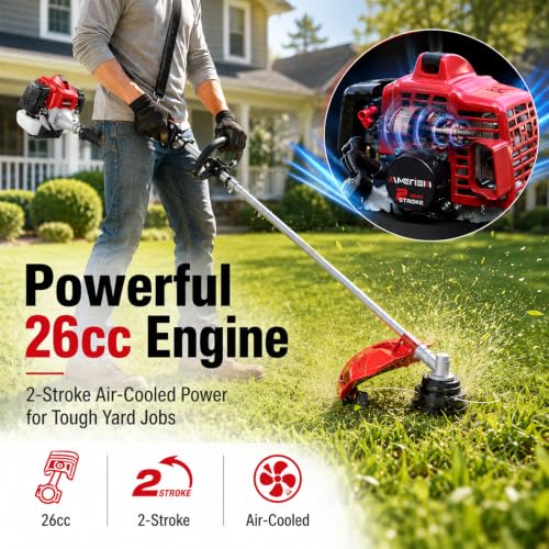 Image of AMERISUN 26cc Gas String Trimmer, 3-in-1 Weed Trimmer /Edger /Brush Cutter, 16 inch Cutting Path, 10 inch Metal Blade, Heavy-Duty for Thick Grass & Brush, Shoulder Strap Included | 16 inch Cutting Path, 10 inch Metal Blade, Heavy-Duty for Thick Grass & Brush, Shoulder Strap Included