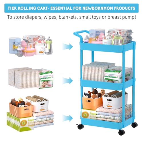 Image of Volnamal 3-Tier Baby Diaper Caddy, Plastic Diaper Cart, Blue | Movable Cart for Newborn Nursery Essentials Diaper Storage Organizer for Changing Table&Crib, Easy to Assemble, Baby Registry