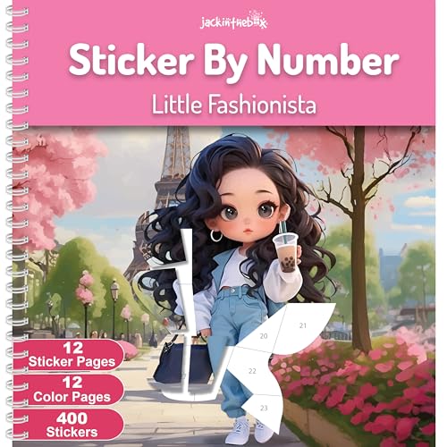 jackinthebox Sticker by Number Book, 12 Scenes Puzzle Paint by Sticker Book + Colouring Pages, Gifts for Birthday, Party Favor Toys for Girls, Arts & Crafts for Kids Age 7 8 9 10 - Little Fashionista