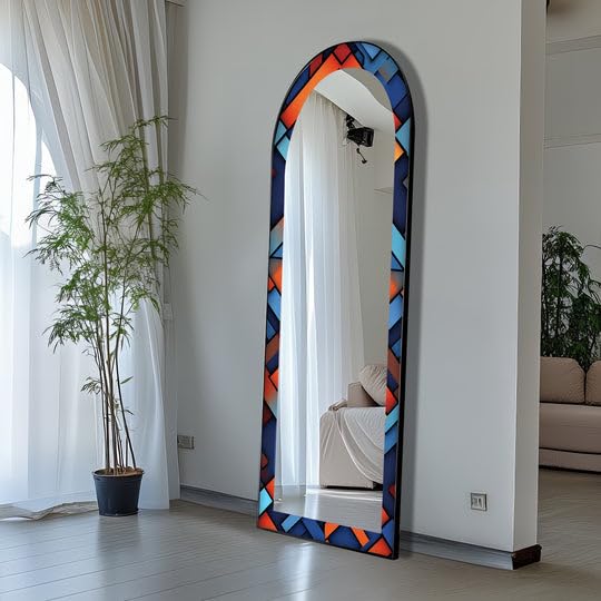 Specchio da pavimento con motivo geometrico, lunghezza intera, 50,8 cm di larghezza x 160 cm di altezza, specchio da pavimento ad arco con cornice nera e cornice dorata