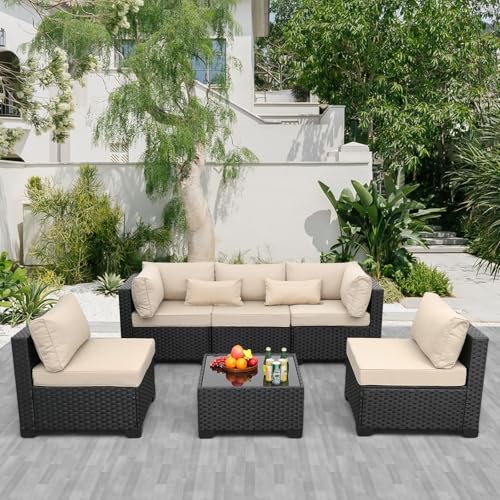 Patio Sectional 6 Pieces All-Weather Wicker Patio Furniture Set Outdoor Sectional with Glass Patio...