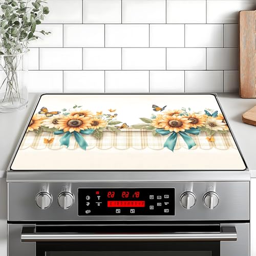 Image of Stove Top Cover Retro Flower Gas Stove Top Cover for Home Decoration Kitchen Pad Non-Stick Washable Cooktop Covers Countertop Protector Keep Stove Clean 28 inchx20 inch (Sunflower)